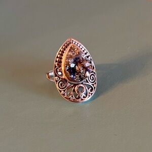 Artisan Crafted Pyrite Druzy and White Topaz Sterling Silver Teardrop Pear Ring